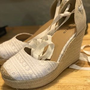 Torrid brand lace detail, grass bottom wedges